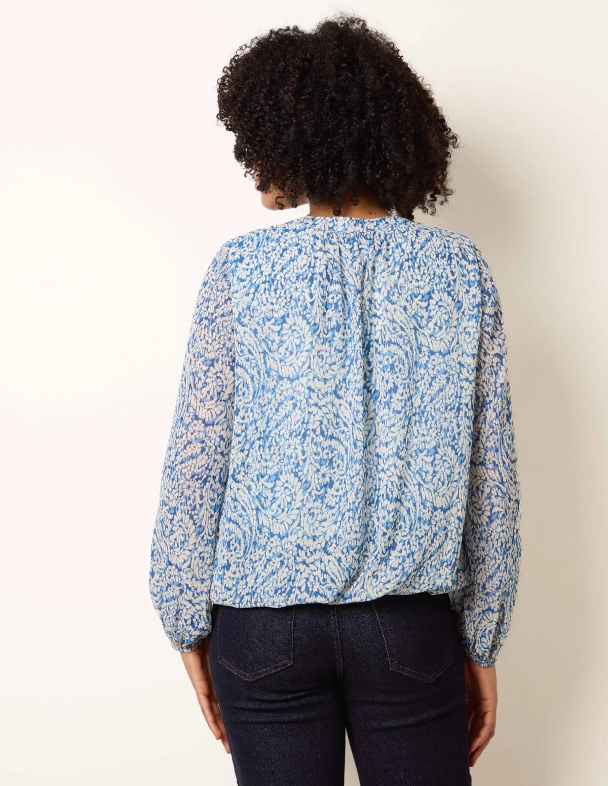 Blue Vanilla Grandad Tie Neck Puff Hem Watercolour Blouse - 4