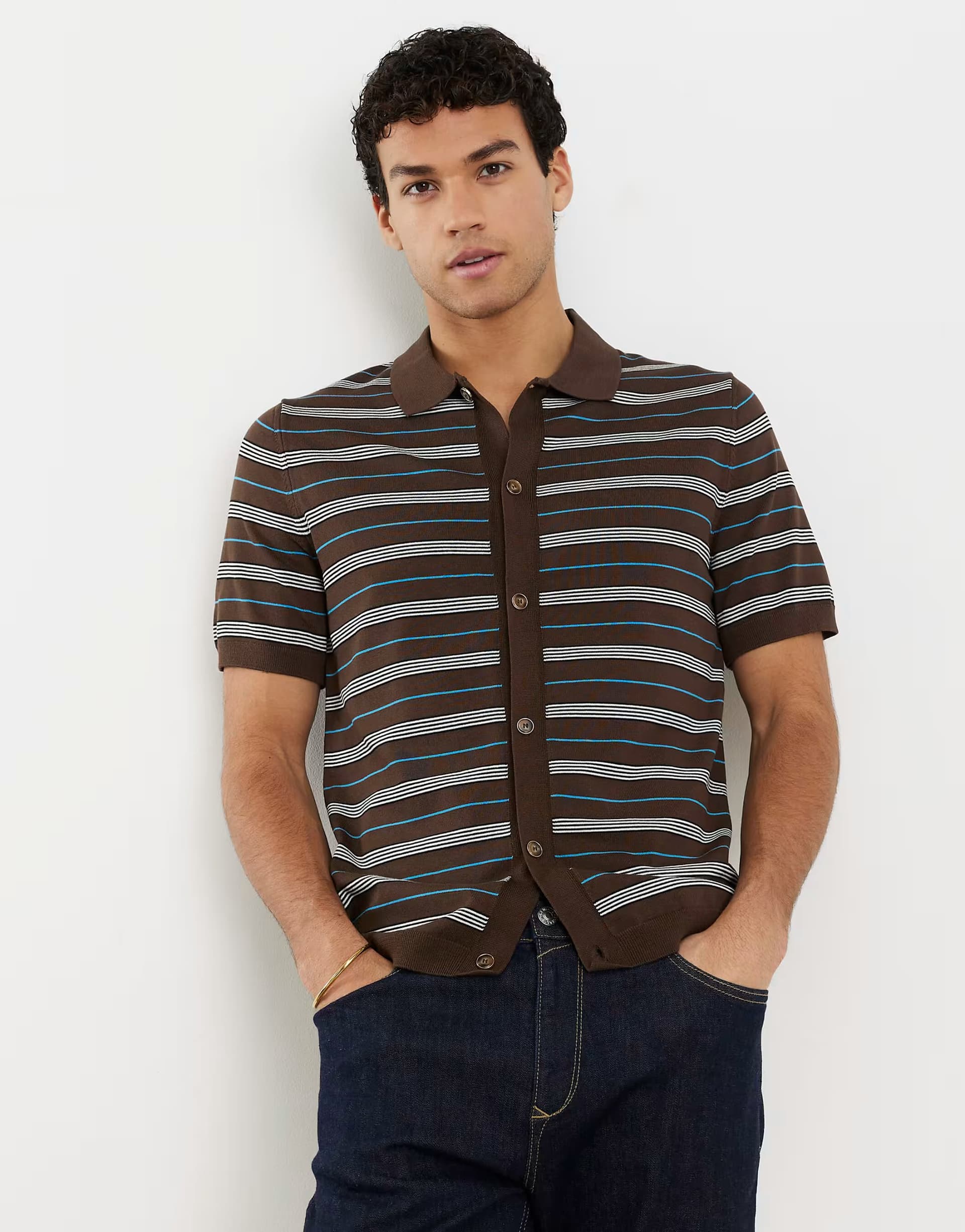 ASOS River Island Short sleeve knitted stripe shirt in brown - dark