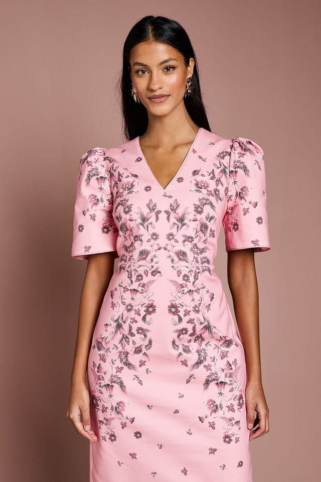 Coast Coast Women's Petite Placement Print Puff Sleeve Cotton Midi Dress in Coral - 2