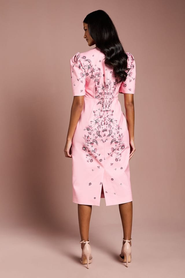 Coast Coast Women's Petite Placement Print Puff Sleeve Cotton Midi Dress in Coral - 3