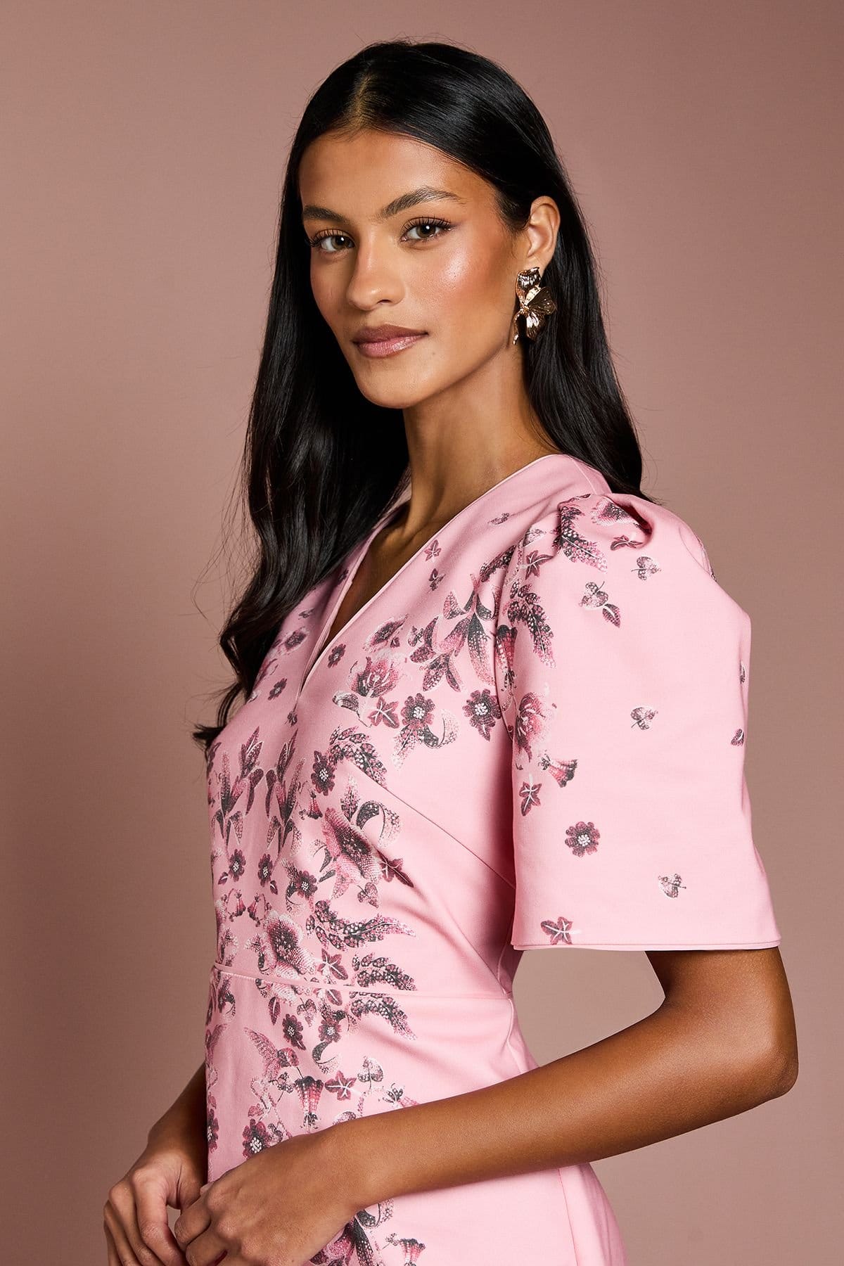 Coast Coast Women's Petite Placement Print Puff Sleeve Cotton Midi Dress in Coral - 4