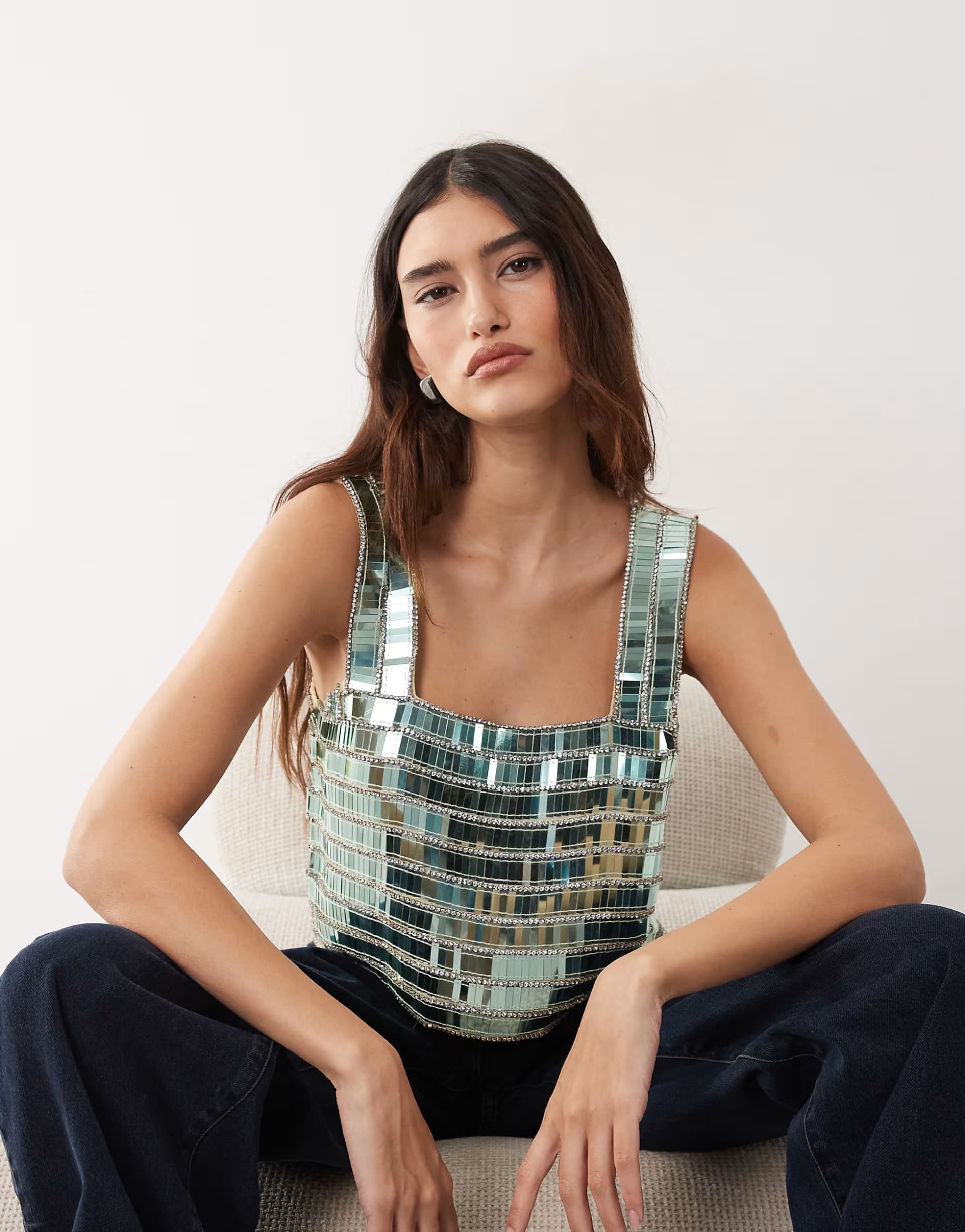 ASOS ARRANGE embellished beaded square neck boxy crop top in soft green