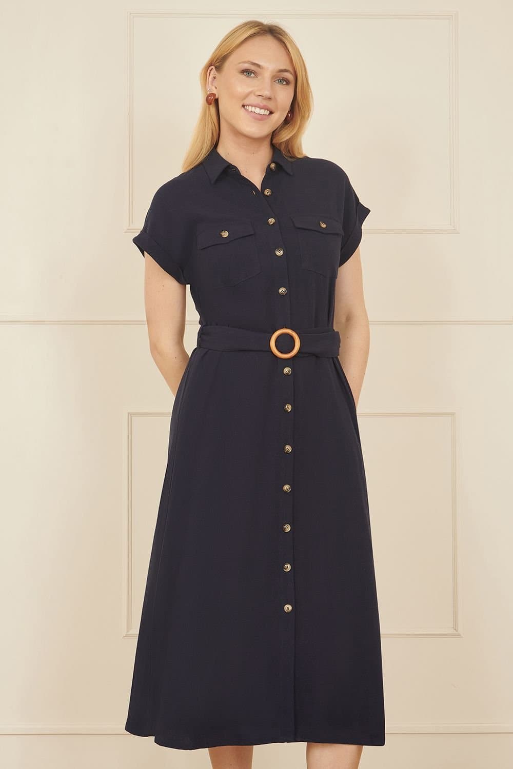 Yumi Yumi Women's Navy Viscose Linen Look Midi Shirt Dress With Wooden Belt