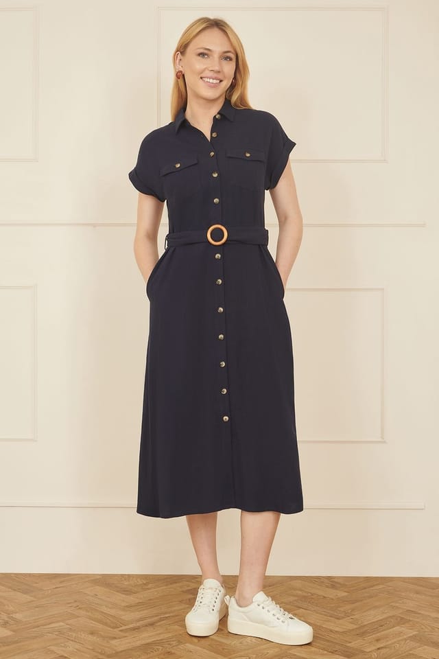 Yumi Yumi Women's Navy Viscose Linen Look Midi Shirt Dress With Wooden Belt - 2