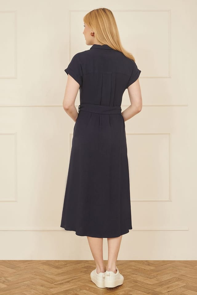 Yumi Yumi Women's Navy Viscose Linen Look Midi Shirt Dress With Wooden Belt - 3