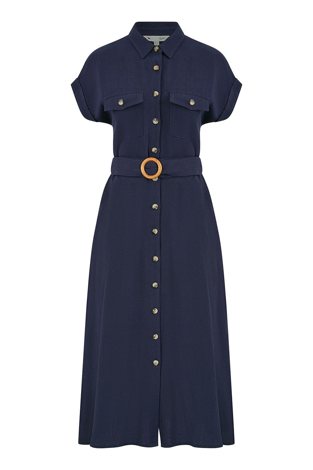 Yumi Yumi Women's Navy Viscose Linen Look Midi Shirt Dress With Wooden Belt - 4
