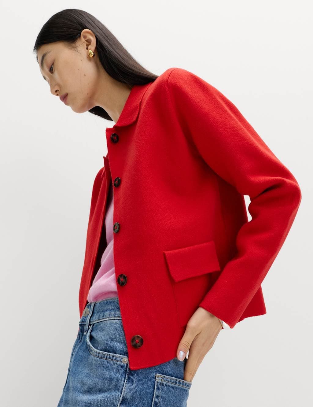 Marks & Spencer M&S Air-Yarn Pocket Detail Knitted Jacket Chilli