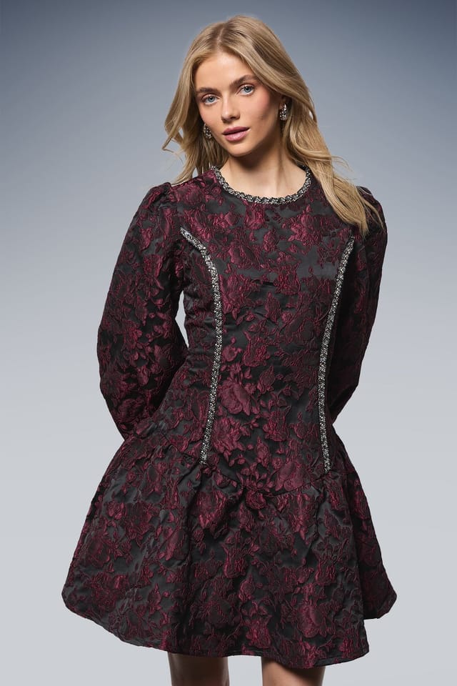 Oasis Oasis Women's Embellished Trim Jacquard Mini Dress in Red - 2