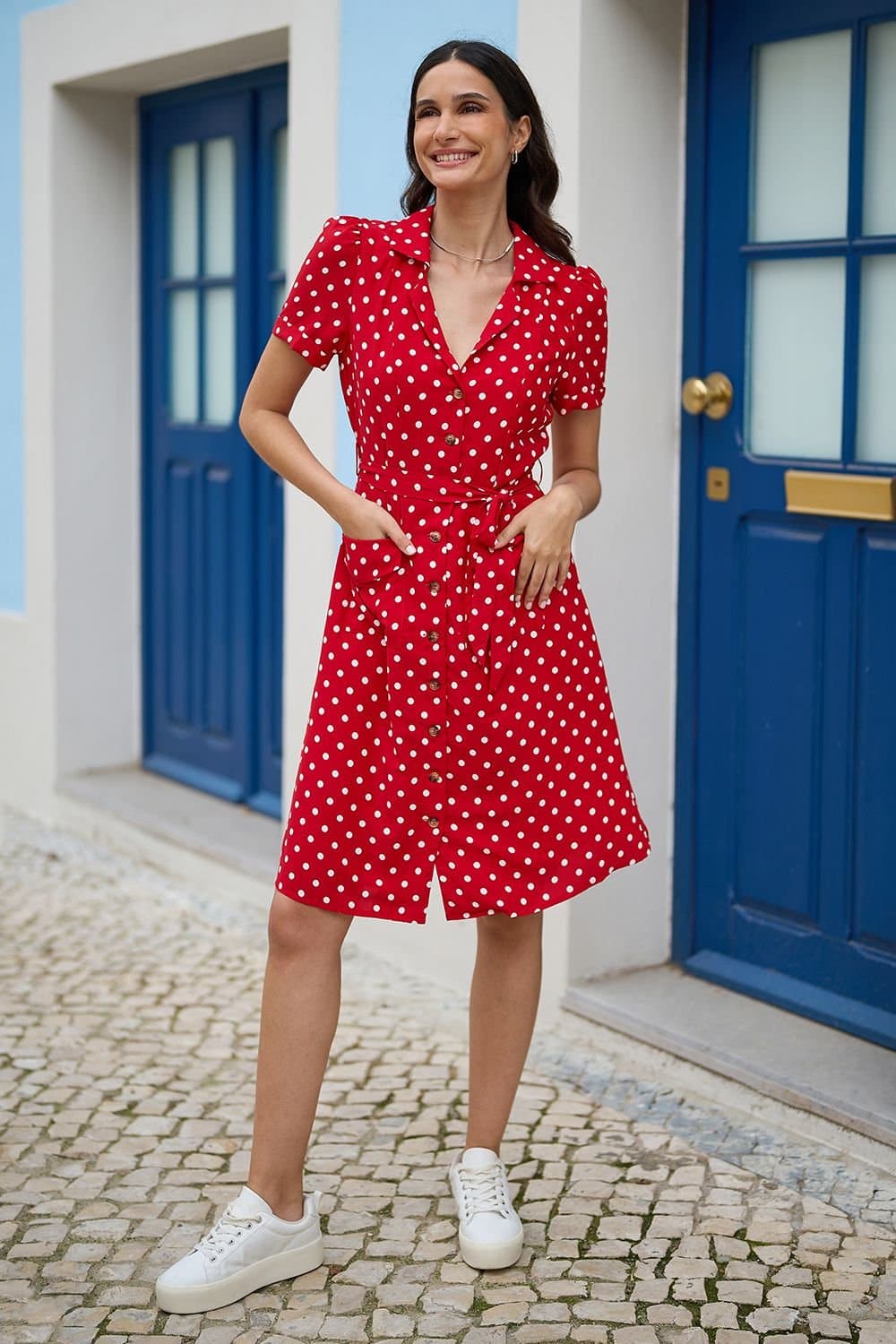 Yumi Yumi Women's Retro Shirt Polka Dot Dress in Red