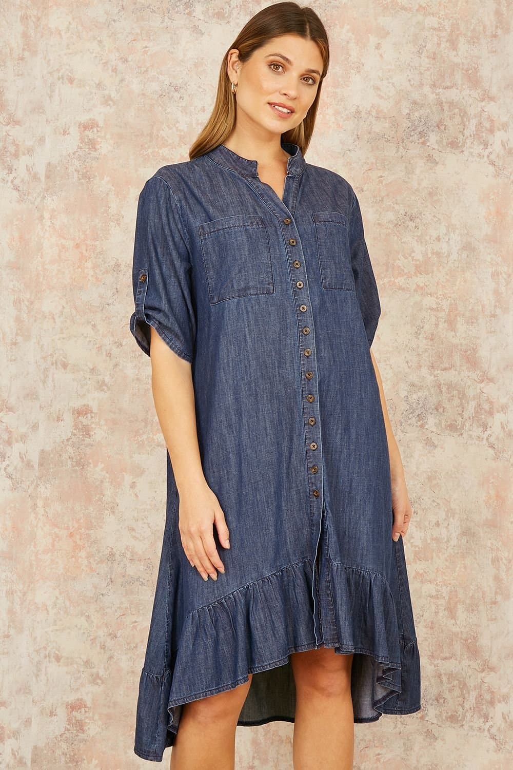 Yumi Yumi Women's Blue Chambray Denim Dip Hem Relaxed Fit Shirt Dress