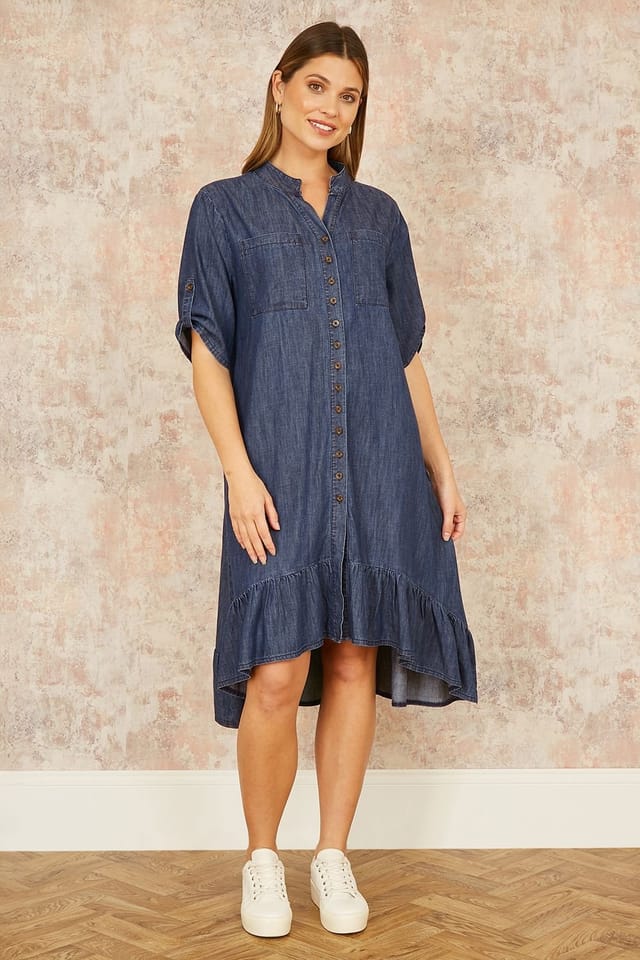Yumi Yumi Women's Blue Chambray Denim Dip Hem Relaxed Fit Shirt Dress - 2