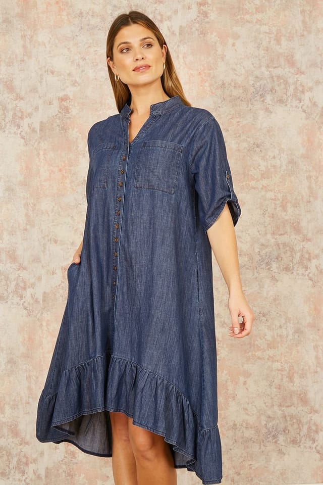 Yumi Yumi Women's Blue Chambray Denim Dip Hem Relaxed Fit Shirt Dress - 3