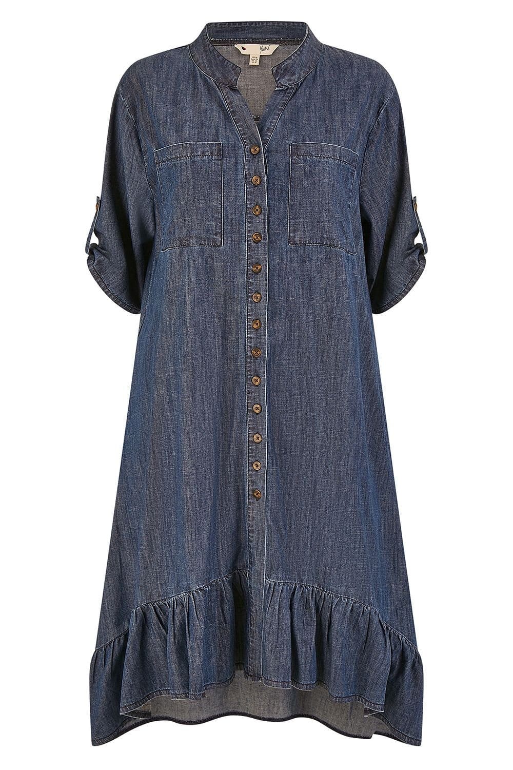 Yumi Yumi Women's Blue Chambray Denim Dip Hem Relaxed Fit Shirt Dress - 4