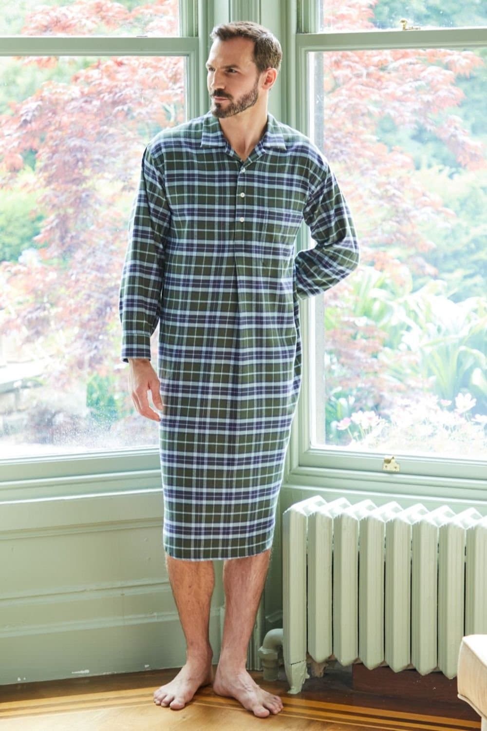 British Boxers British Boxers Men's "Jura" Tartan Brushed Cotton Nightshirt in Dark Green