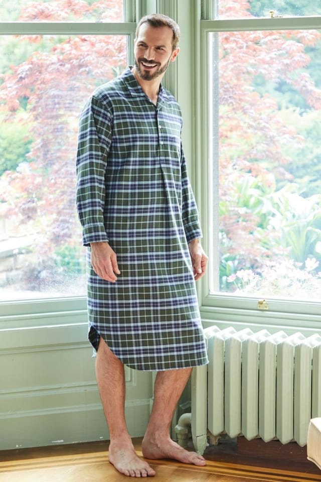 British Boxers British Boxers Men's "Jura" Tartan Brushed Cotton Nightshirt in Dark Green - 2