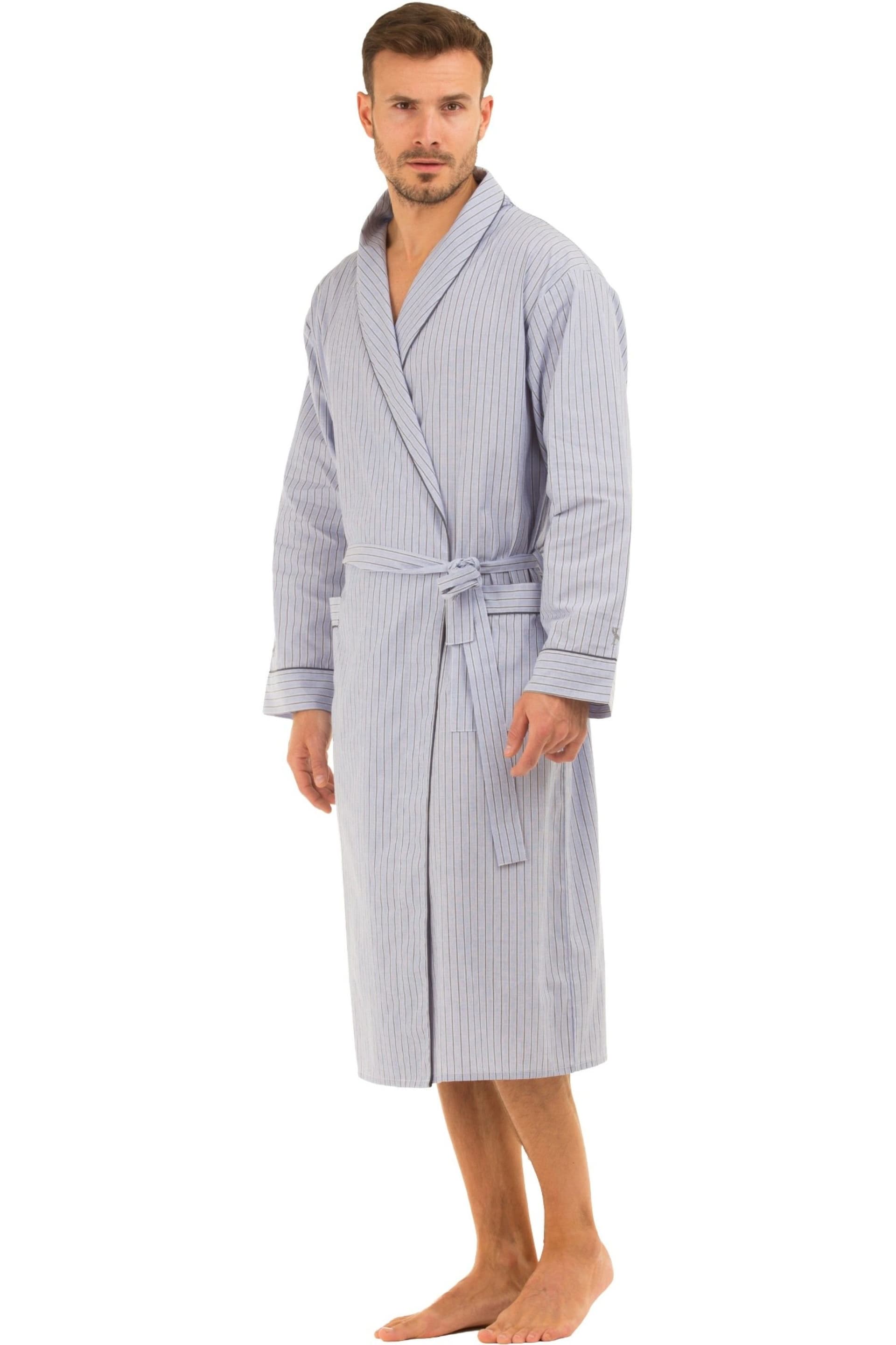 Haigman Haigman Men's Men's Yarn Dyed Cotton Poplin Shawl Collar Dressing Gown in Light Blue