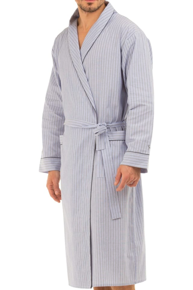 Haigman Haigman Men's Men's Yarn Dyed Cotton Poplin Shawl Collar Dressing Gown in Light Blue - 3