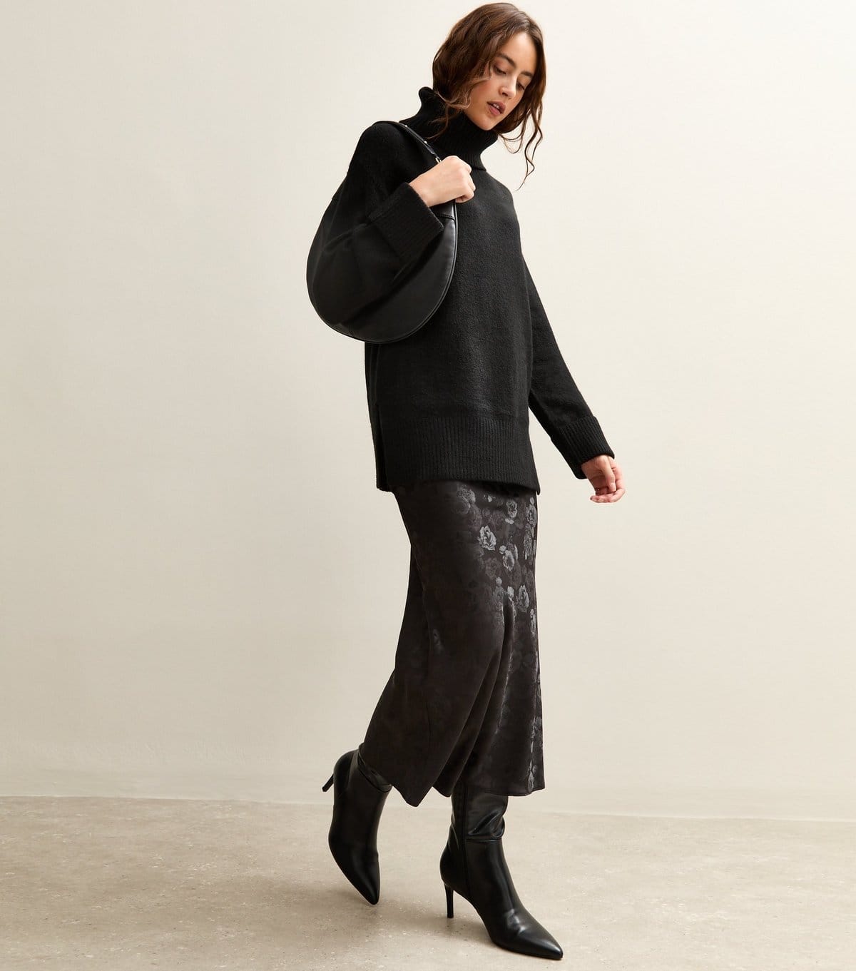 New Look Black Floral Jacquard Maxi Slip Skirt