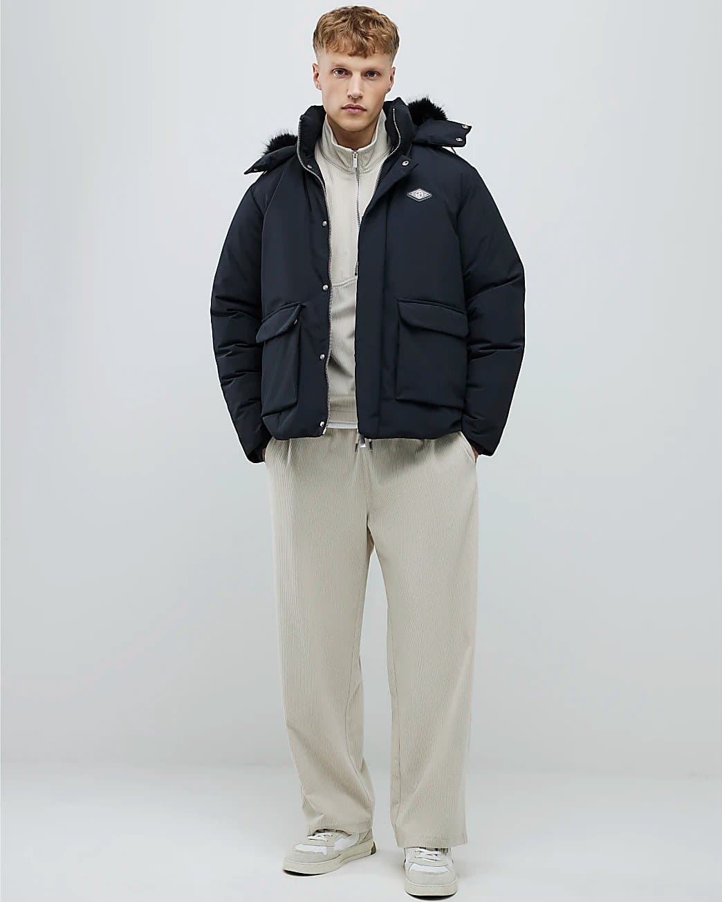 River Island Mens River Island Black Premium Faux Fur Trim Puffer Jacket