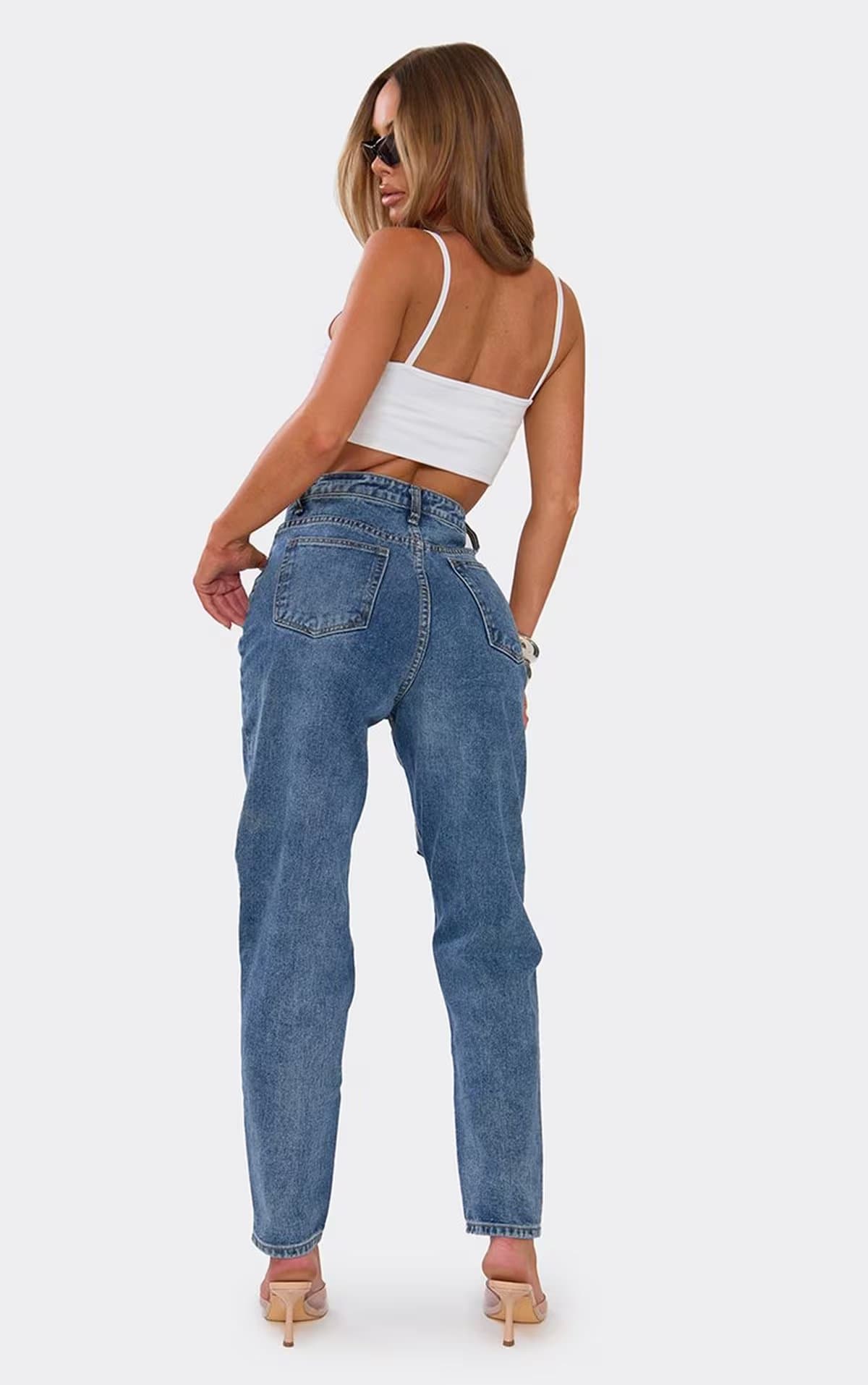 EGO High Waist Distressed Mom Jeans In Mid Blue Denim, Women's Size UK 4