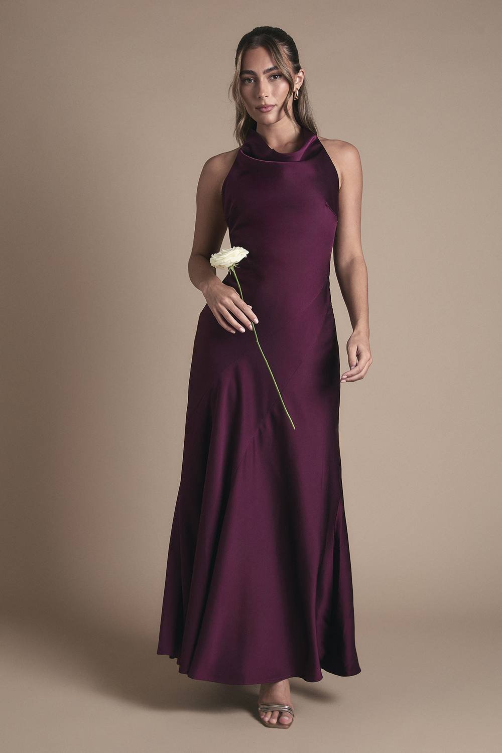 Oasis Oasis Women's Cowl Halterneck Satin Maxi Bridesmaid Dress in Grape - 2