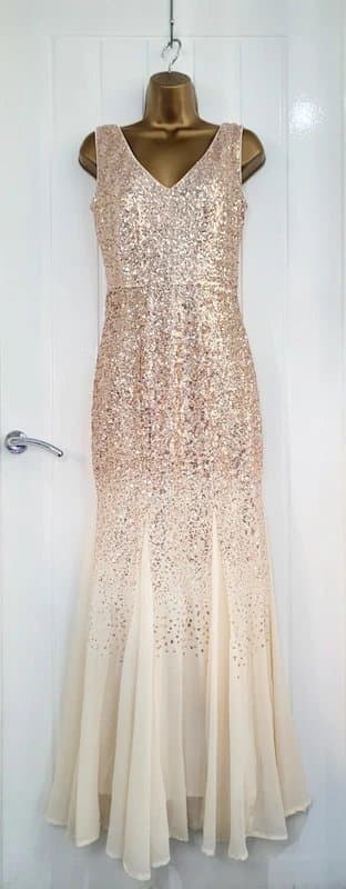 Quiz Quiz Size UK 8 Cream rose gold sequin full length maxi ball prom party dress