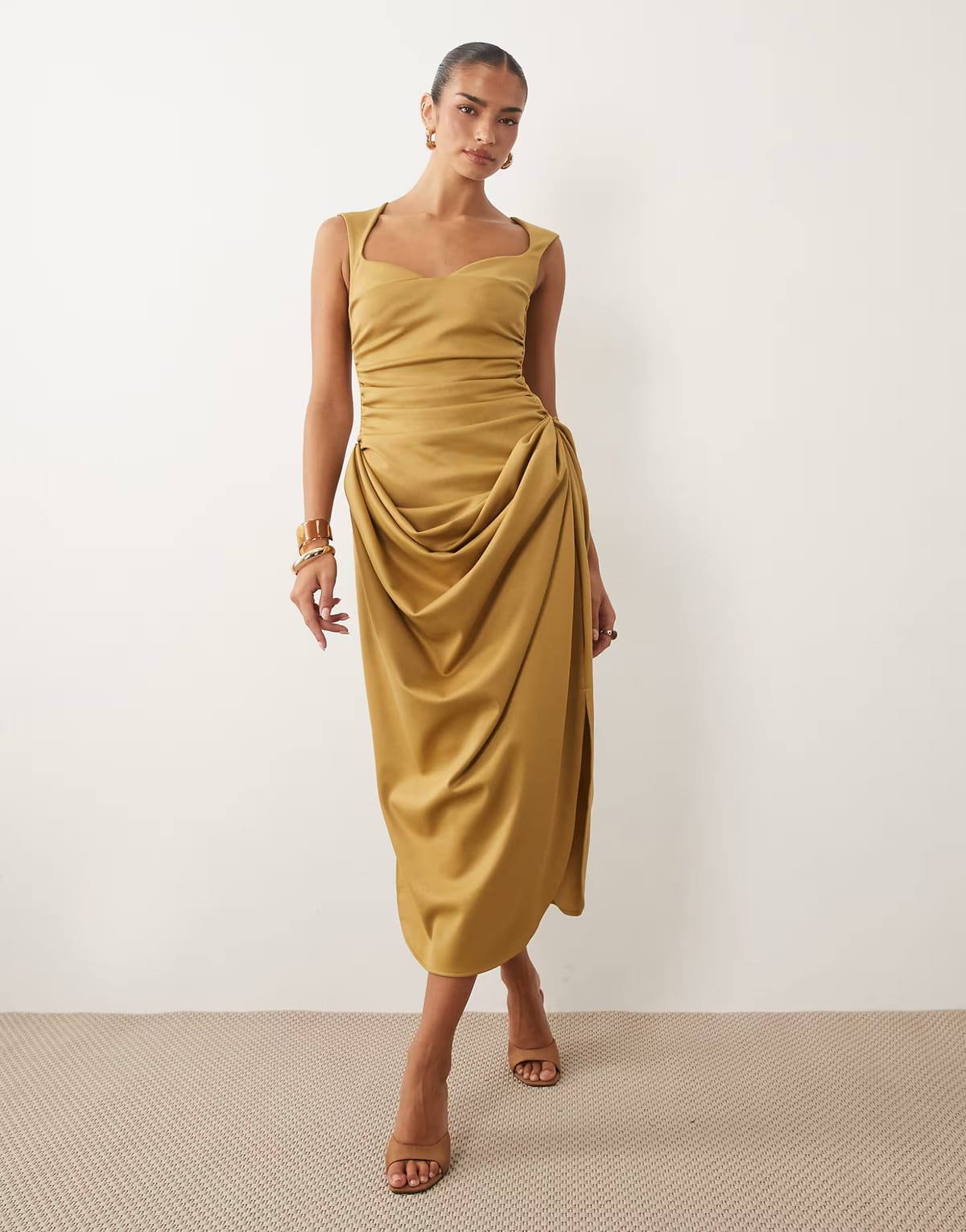 ASOS ASOS DESIGN structured bandage midi dress with draped skirt in olive gold scuba-style fabric - 1