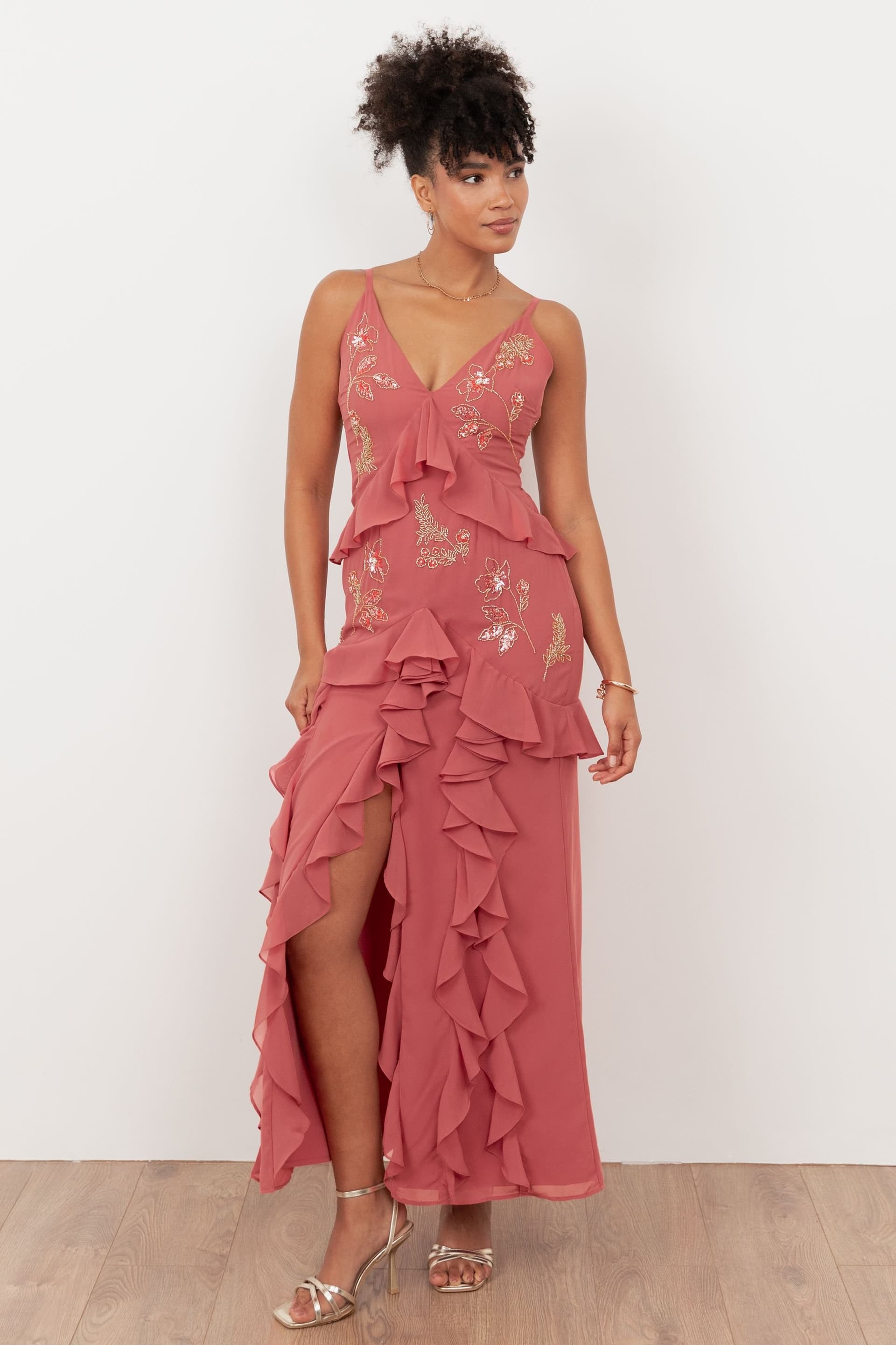 Maya Deluxe Maya Deluxe Women's Embellished Waterfall Ruffle Cami Maxi Dress in Pink