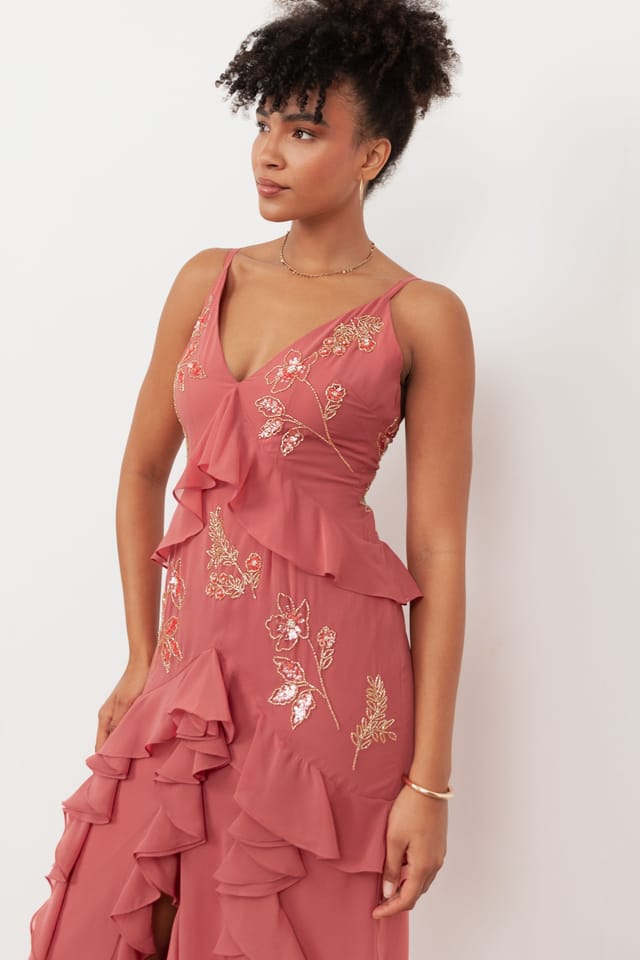 Maya Deluxe Maya Deluxe Women's Embellished Waterfall Ruffle Cami Maxi Dress in Pink - 3