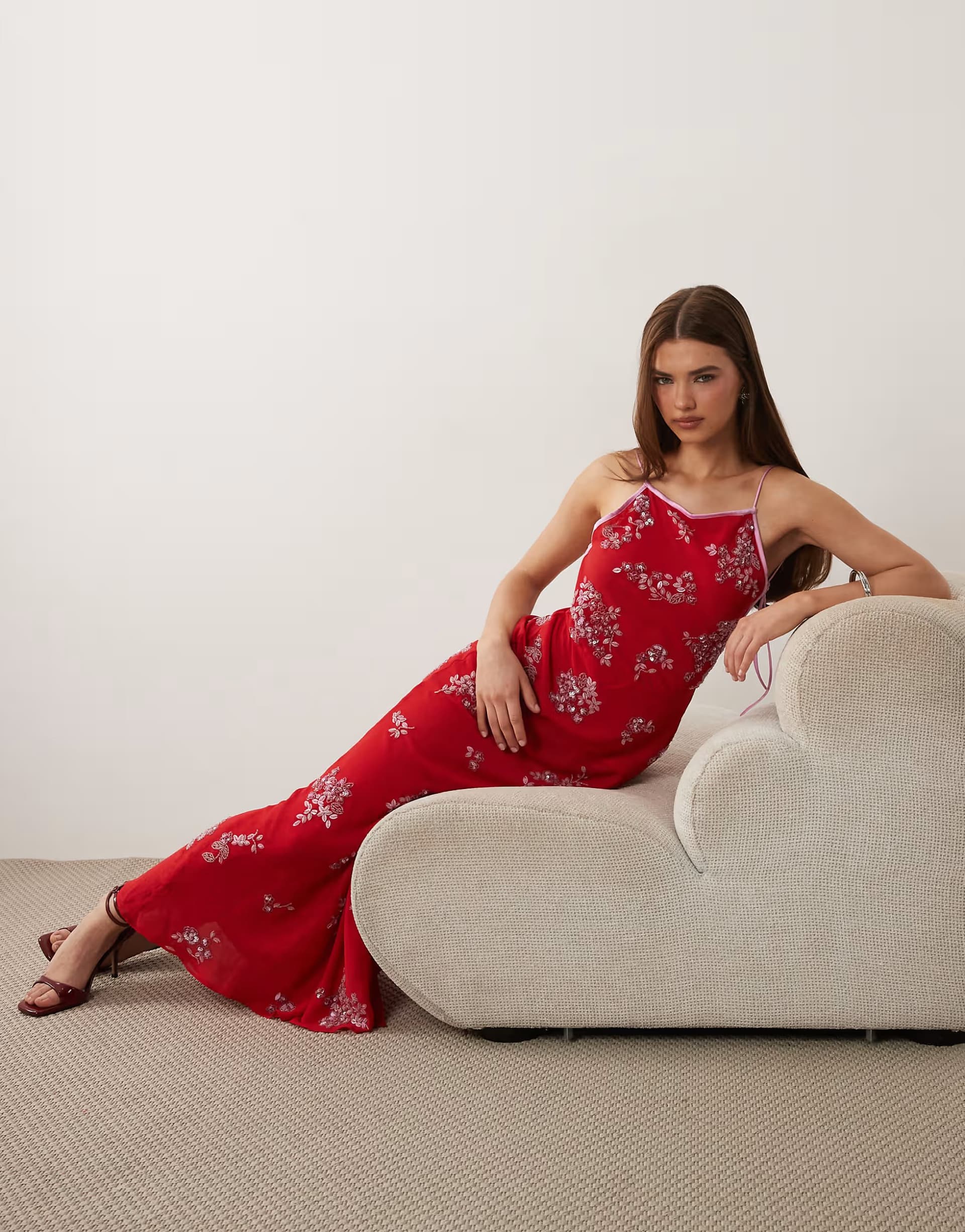 ASOS ASOS DESIGN ditsy embellished bias semi sheer chiffon maxi dress with open back in red