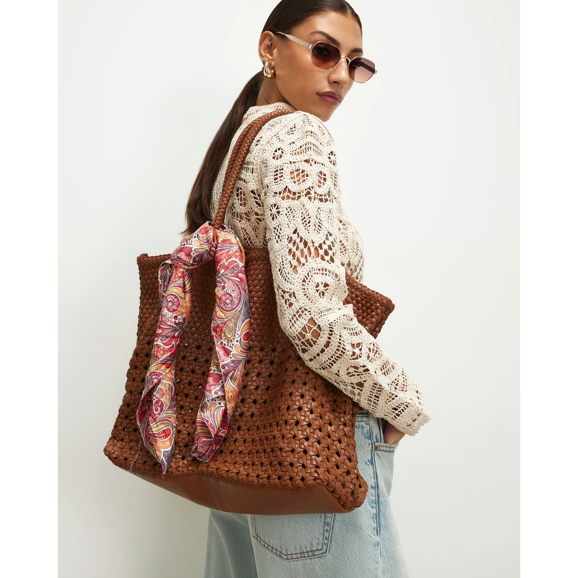 River Island River Island Womens Beige Scarf Leather Woven Shopper Bag