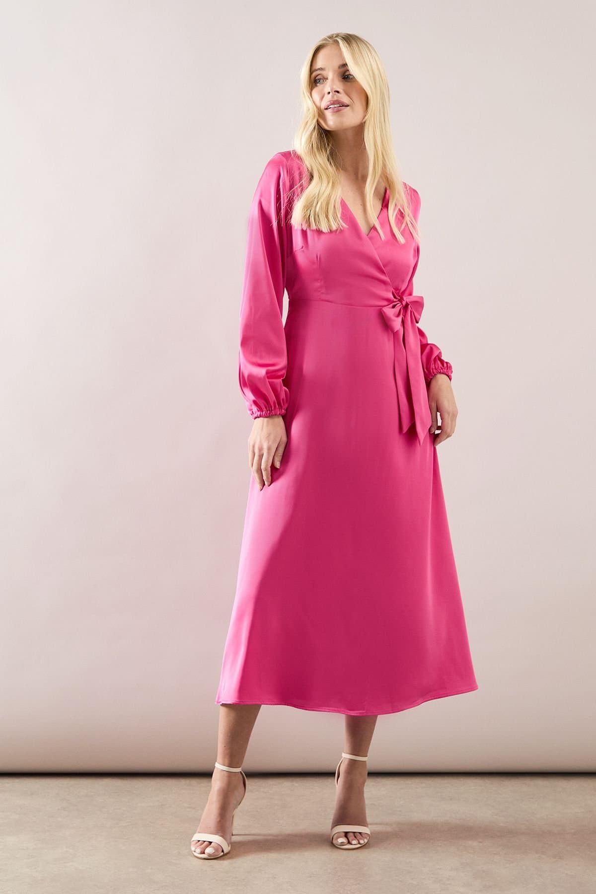 Wallis Wallis Pink Satin Wrap Midi Dress for Women