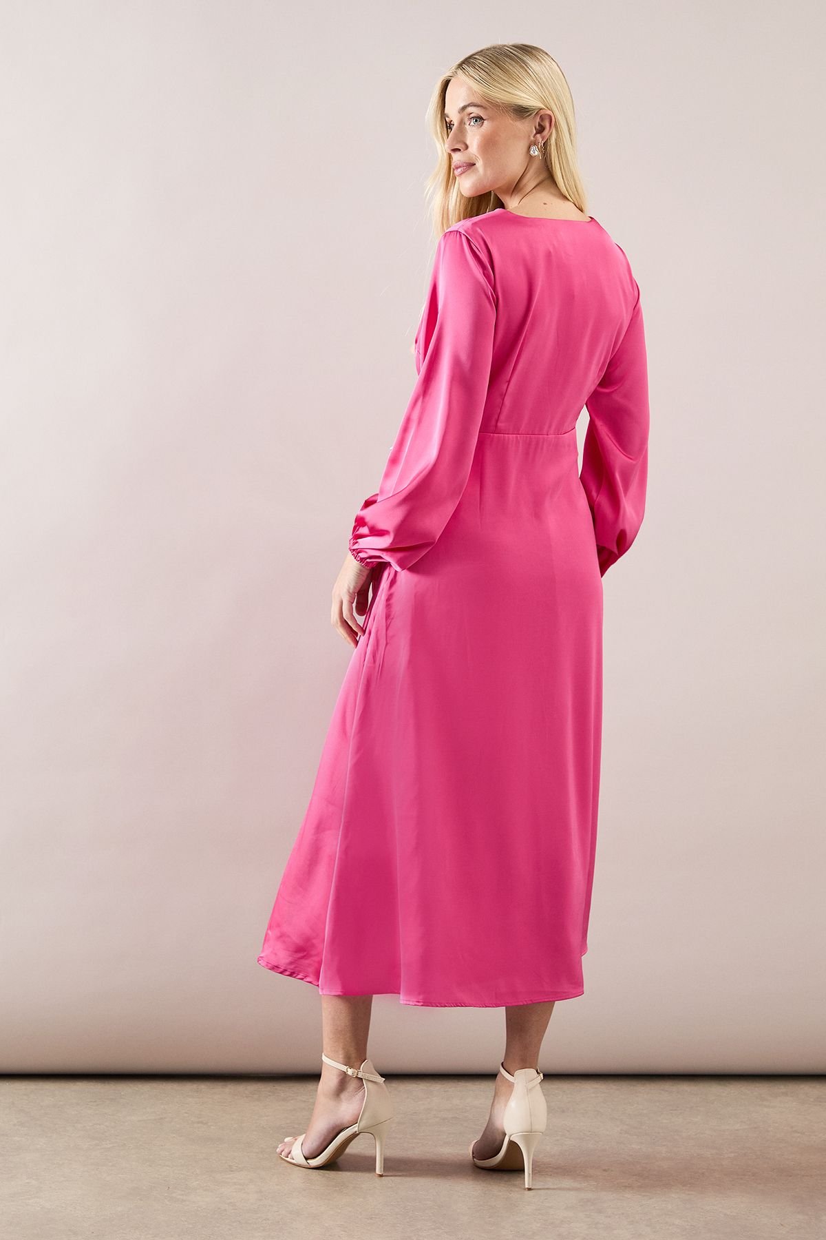 Wallis Wallis Women's Petite Satin Wrap Midi Dress in Pink - 4