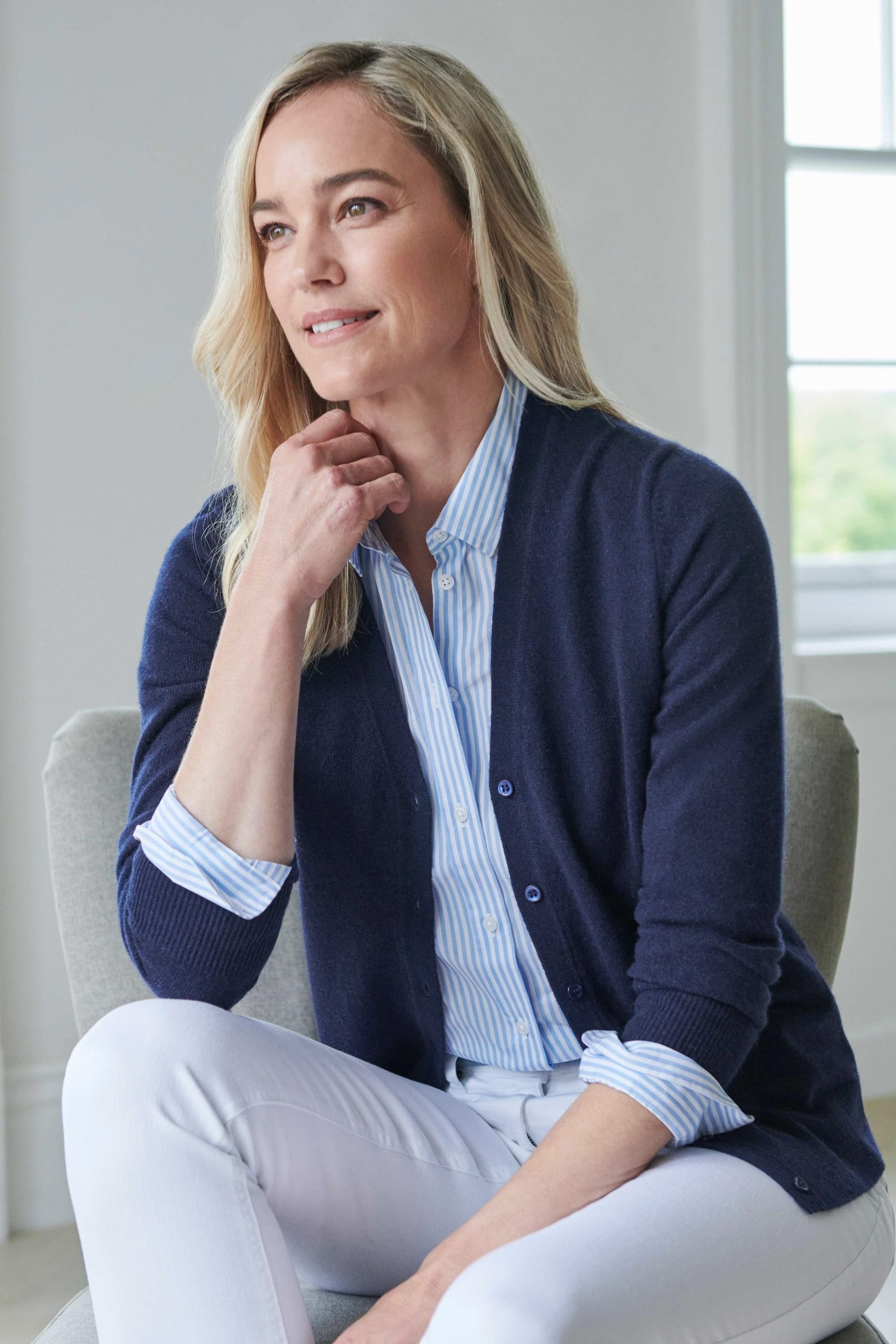 Pure Collection Navy Cashmere V Neck Cardigan