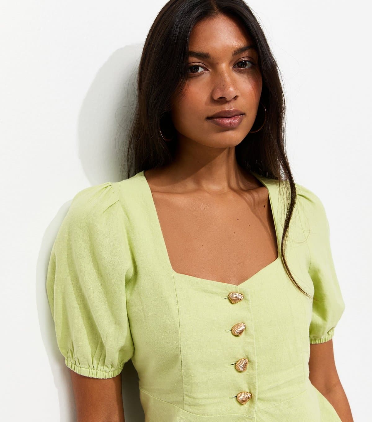New Look Women's Light Green Linen Rich Shell Button Peplum Top New Look