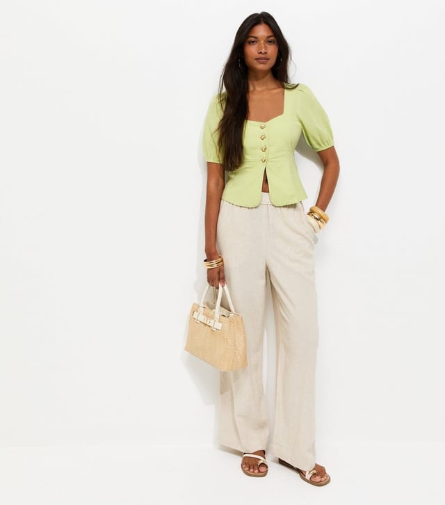 New Look Women's Light Green Linen Rich Shell Button Peplum Top New Look - 2