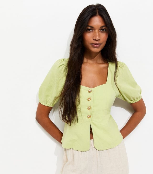 New Look Women's Light Green Linen Rich Shell Button Peplum Top New Look - 3