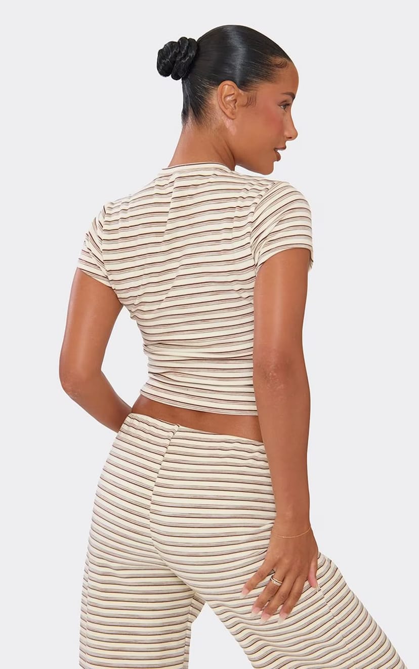 EGO Short Sleeve Top In Cream Soft Stripe Fleece, Women's Size UK 6 - 1