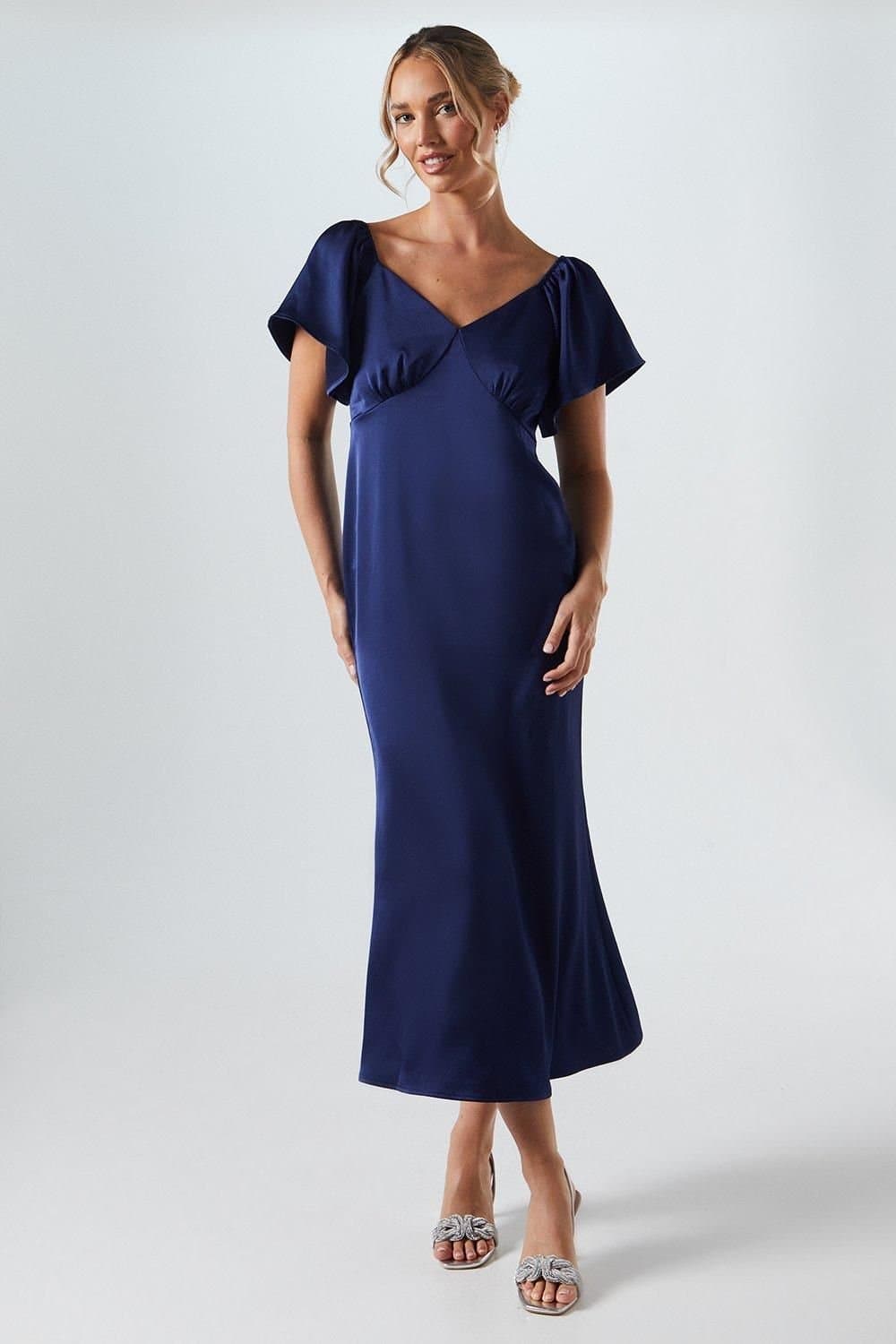 Oasis Oasis Women's Angel Sleeve Satin Bridesmaid Midi Dress in Navy