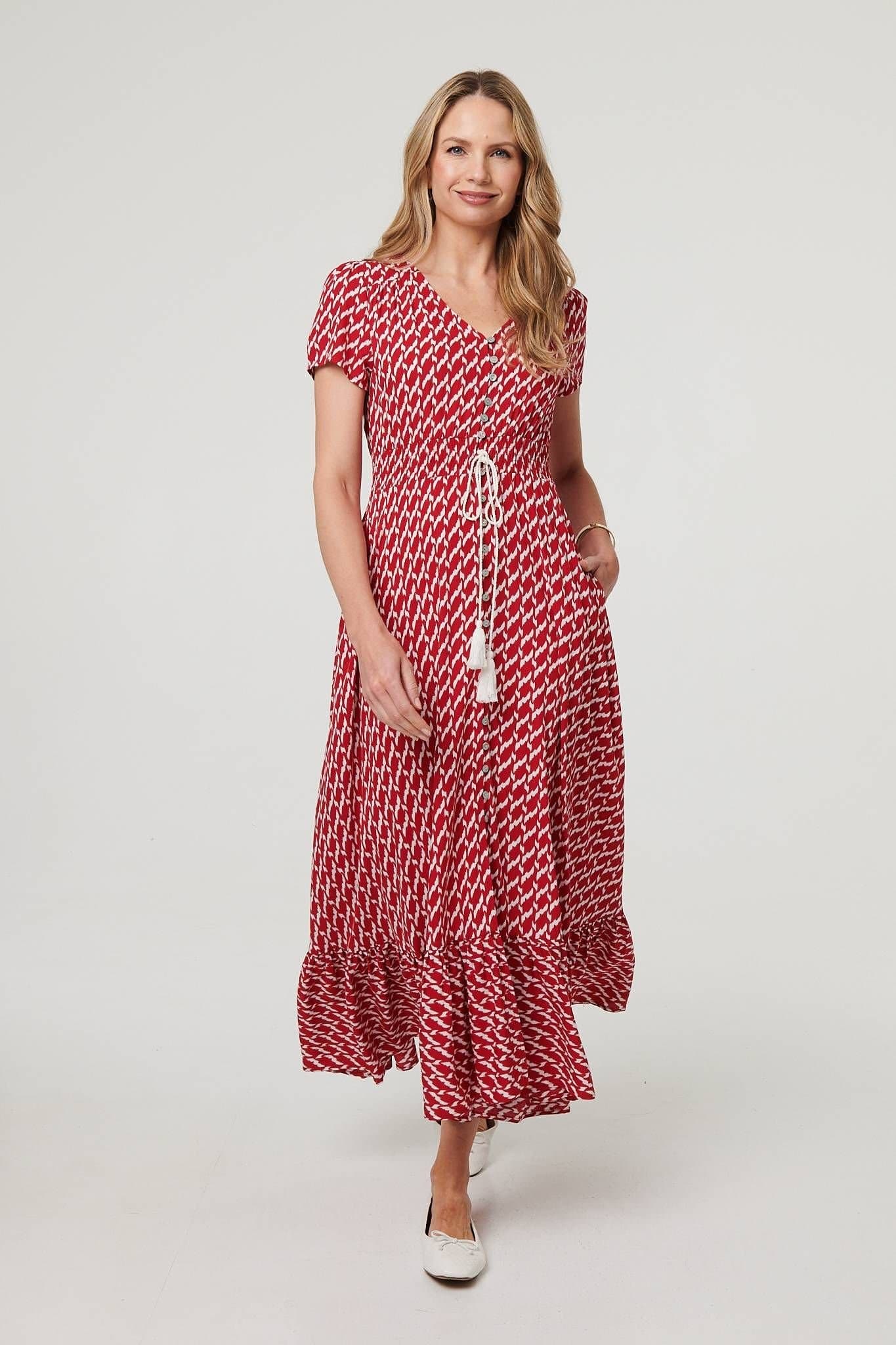 Izabel London Izabel London Women's Printed Smocked Tie Waist Maxi Dress in Red