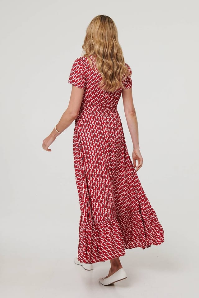 Izabel London Izabel London Women's Printed Smocked Tie Waist Maxi Dress in Red - 3