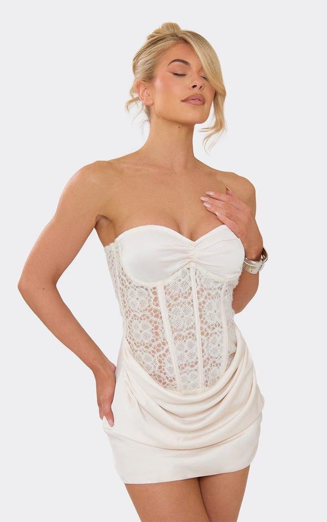 EGO Bandeau Underwired Textured Corset Satin Draped Mini Dress In Cream, Women's Size UK 6 - 2