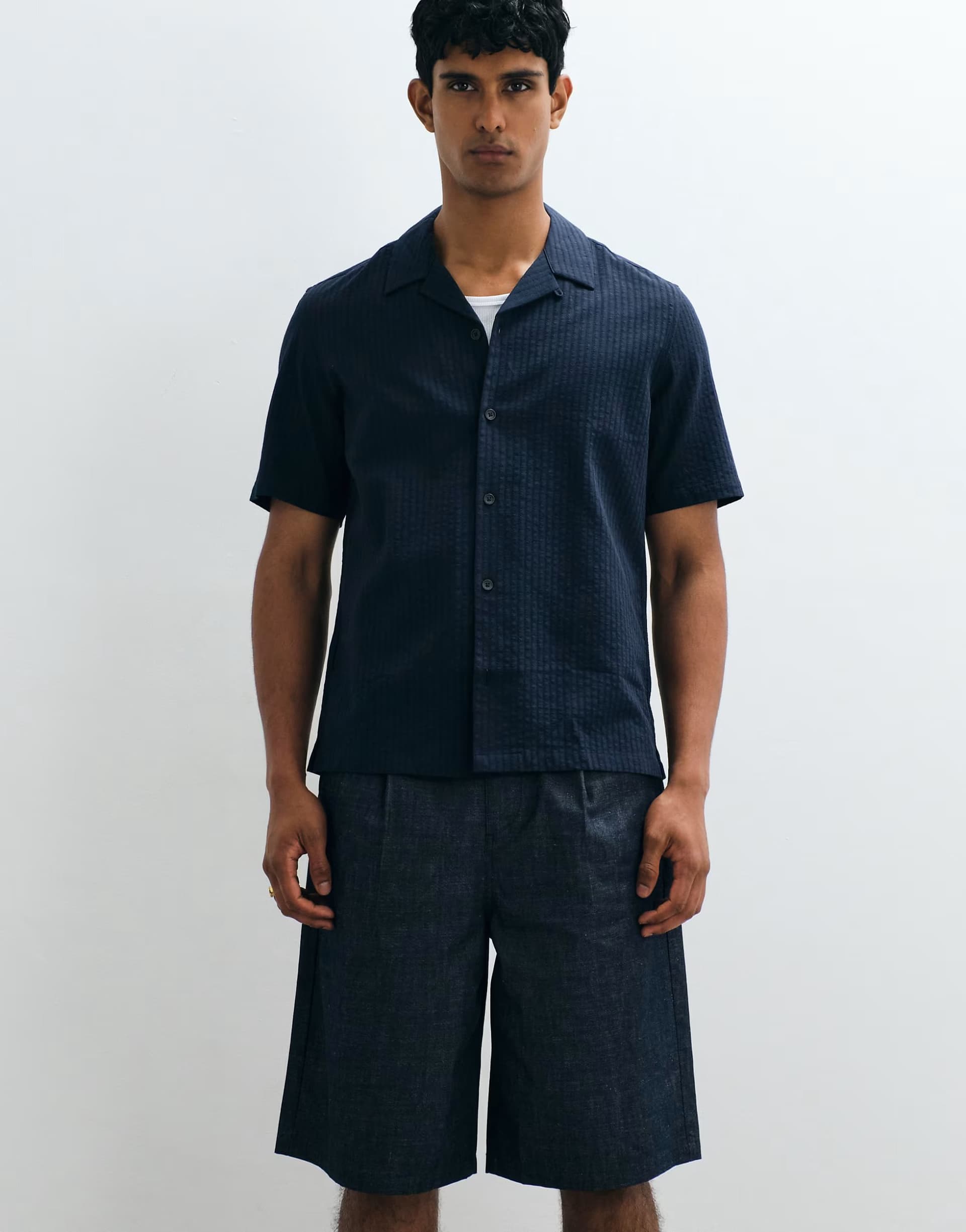 ASOS Mango regular fit short sleeve striped shirt in navy