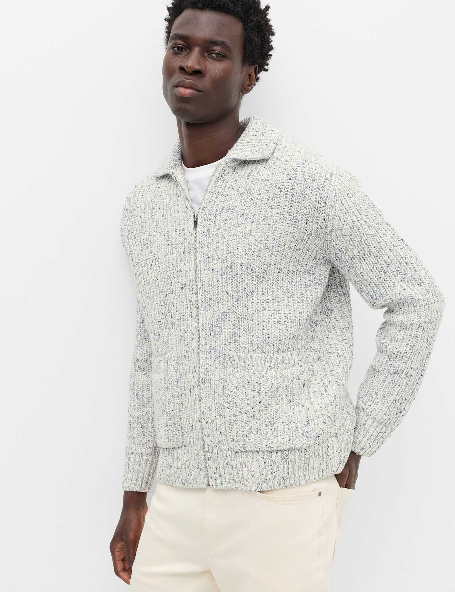Marks & Spencer M&S Cotton Blend Zip Up Knitted Jacket Blue Mix