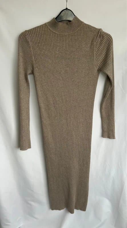 New Look New Look Tall Ribbed Knit High Neck Dress - Taupe/Beige - Size 14