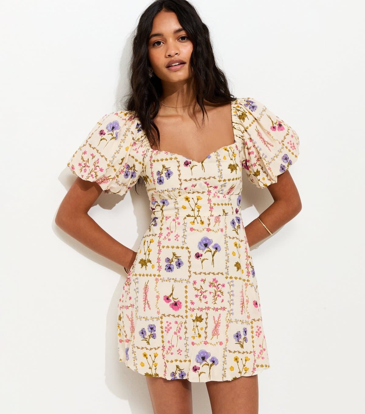 New Look Women's Cream Botanical Print Milkmaid Mini Dress New Look