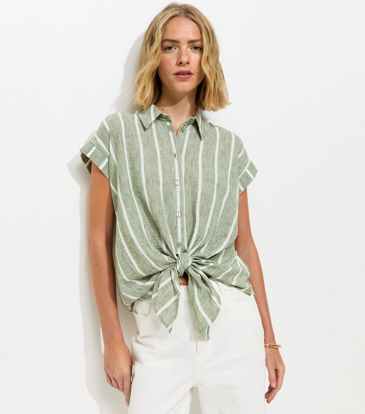 New Look Women's Green Striped Tie Front Shirt New Look