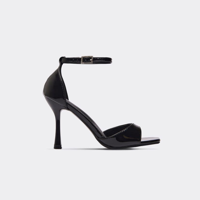 EGO Solar Diamante Buckle Ankle Strap Peep Toe Heel In Black Patent, Women's Size UK 3 - 1
