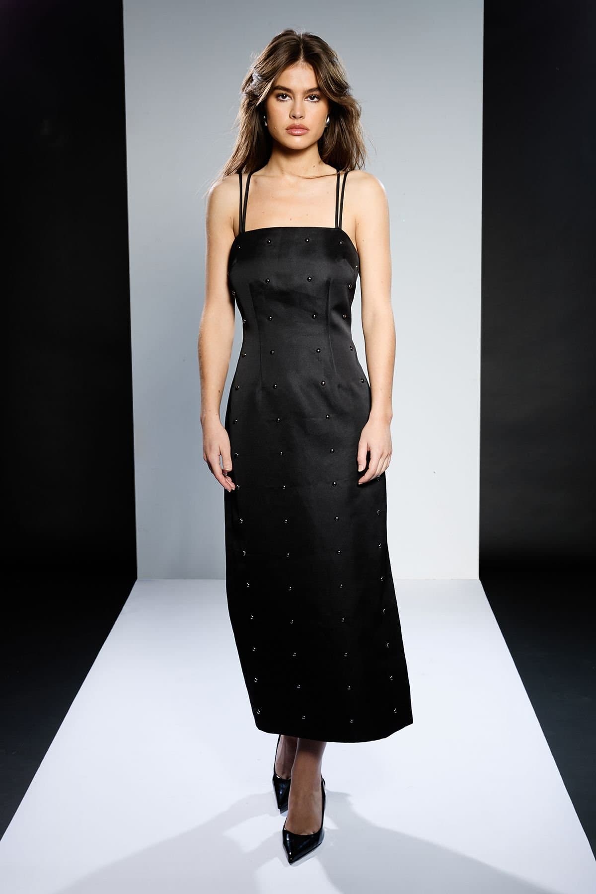 RUNWAY 1.8.1.8 RUNWAY 1.8.1.8 Women's Strapless Stud Detail Midi Dress in Black