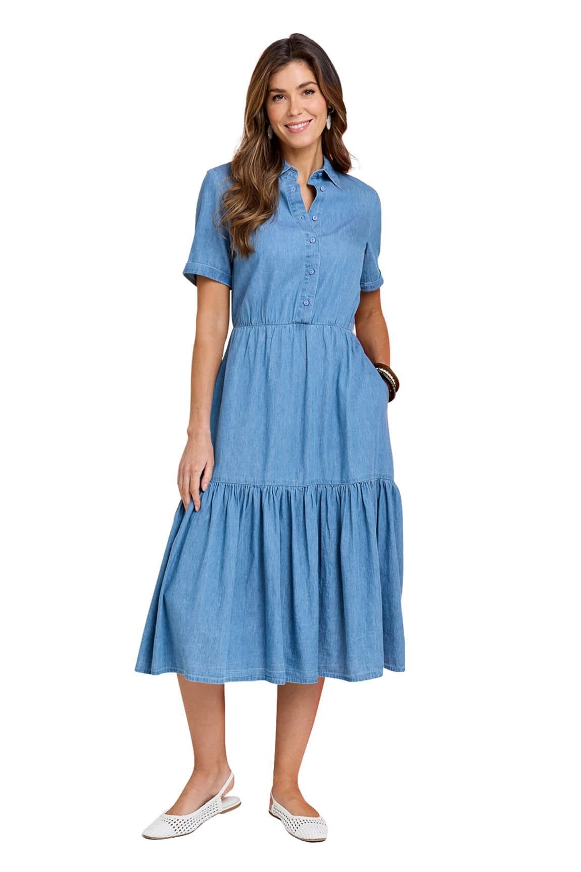 Amber Amber Women's Tiered Denim Dress - Lightweight Short Sleeve Cotton in Light Blue